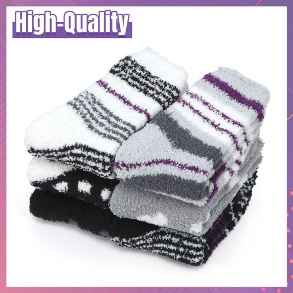 Plush Slipper Socks Women Colorful Warm Fuzzy Crew Socks Cozy Soft Purple Black - Picture 4 of 7